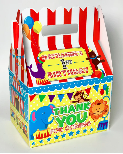 Circus Animals Train Party, Personalized Gable Favor Boxes, pack of 8