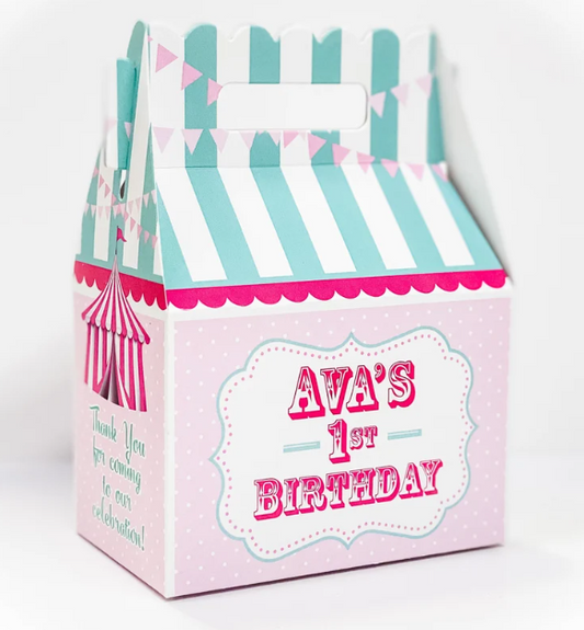 Circus Carnival Party Pink & Aqua, Personalized Gable Favor Boxes, pack of 8