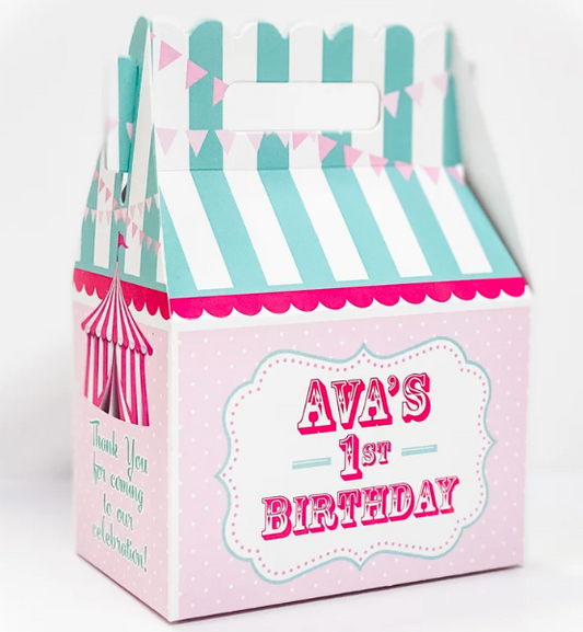 Circus Carnival Party, Personalized Gable Favor Boxes, pack of 8