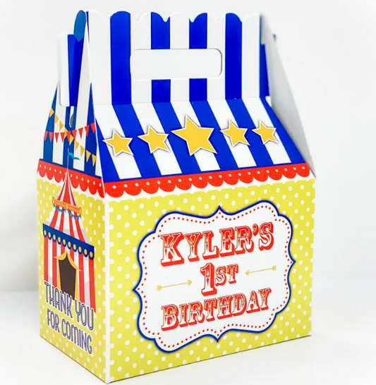 Circus Carnival Party primary Red, Yellow, Royal blue, Personalized Gable Favor Boxes, pack of 8