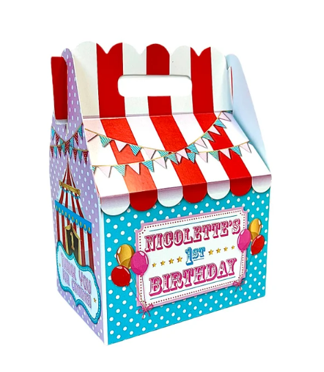 Circus Carnival red, pink, blue, gold Party, Personalized Gable Favor Boxes, pack of 8
