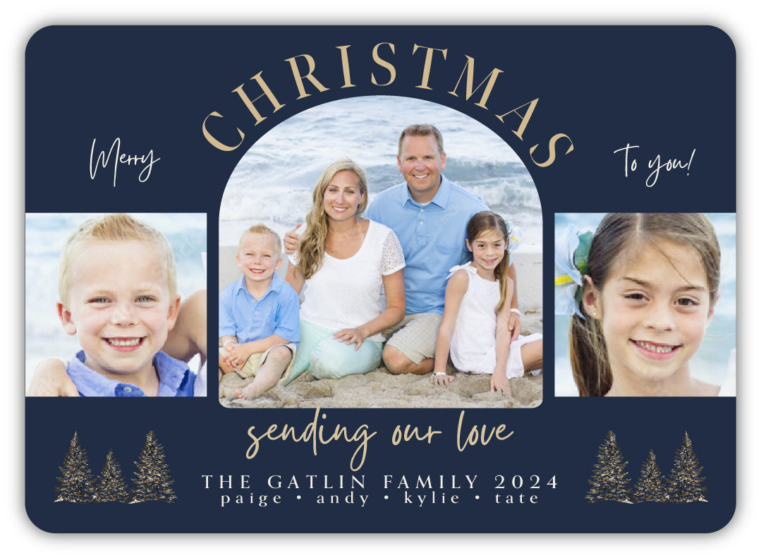 Navy Blue Horizontal Classic Holiday Card “Gatlin”, 3 photos, 12 Cards
