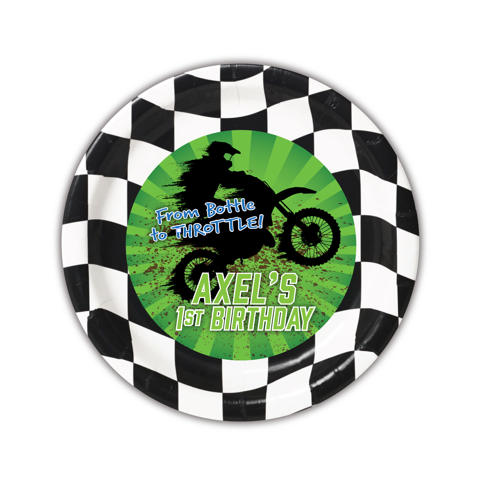 Dirt Bike Party Plate, Custom 7" Cake & Snack Plates – Pack of 12
Our custom 7-inch party plates are the perfect size for serving cake and ice cream, snacks, appetizers, desserts, and other party treats. Each plate is personalized to coordinate with your celebration, creating a memorable and professionally styled party table.