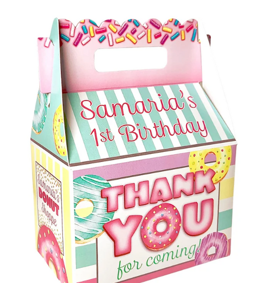 Donut Themed Dessert Party, Personalized Gable Favor Boxes, pack of 8