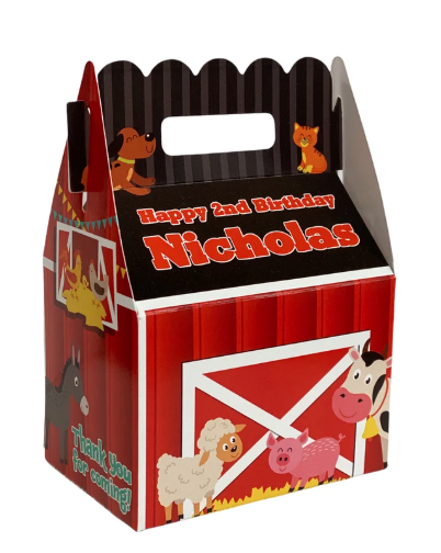 Farm Party Barn Animals Birthday Party, Personalized Gable Favor Boxes, pack of 8
