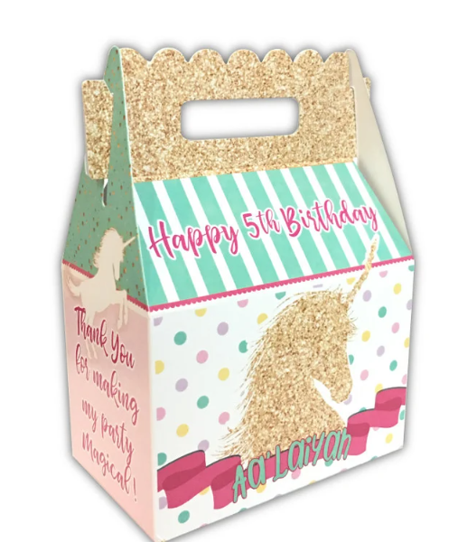 Glitter Gold Unicorn Birthday Party, Personalized Gable Favor Boxes, pack of 8