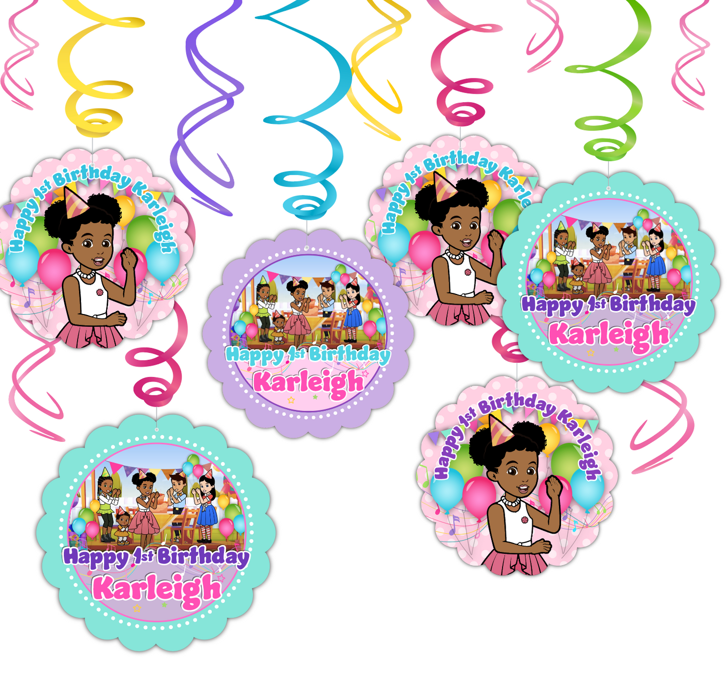 Gracie's corner custom party decorations. Hanging swirls with custom printed 2 sided danglers will fill your party scene with festive fun! Personalized for your child!