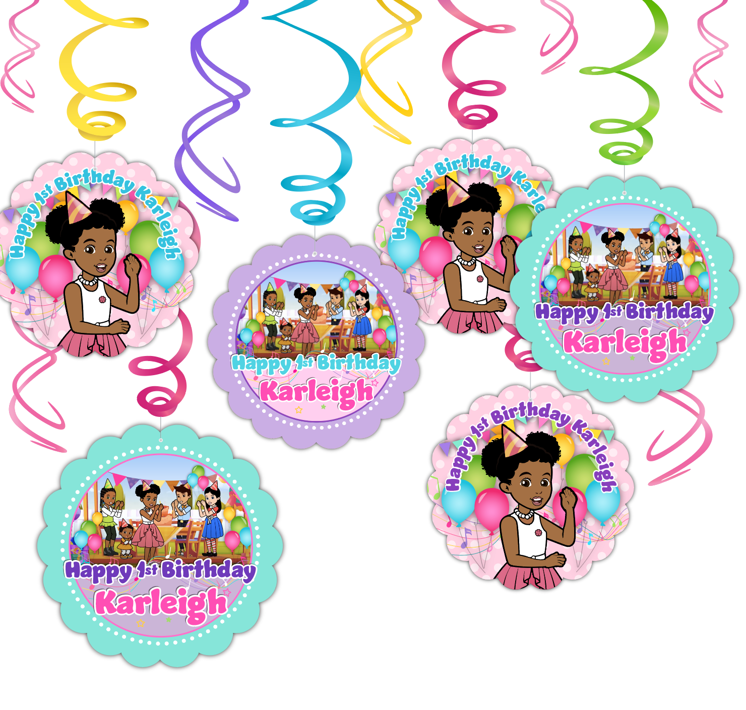 Gracie's corner custom party decorations. Hanging swirls with custom printed 2 sided danglers will fill your party scene with festive fun! Personalized for your child!
