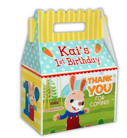 HARRY the BUNNY BabyFirst TV Birthday Party, Personalized Gable Favor Boxes, pack of 8