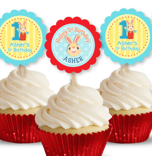 Harry the Bunny BabyFirstTV Party, Personalized Cupcake Toppers, pack of 12