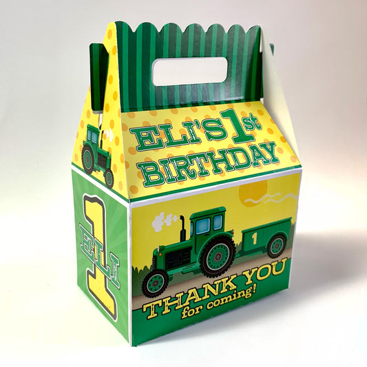 Tractor Birthday Party, Personalized Gable Favor Boxes, pack of 8