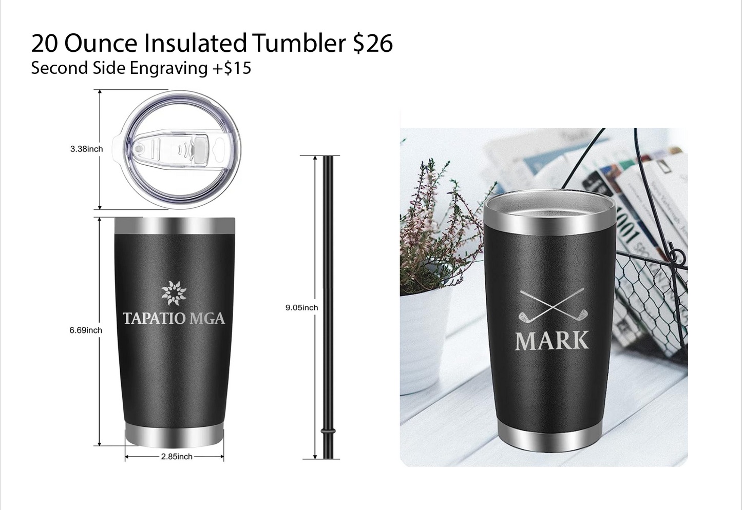 20oz Insulated Tumbler and Travel Mug, 5 colors, Personalized with Laser Engraving