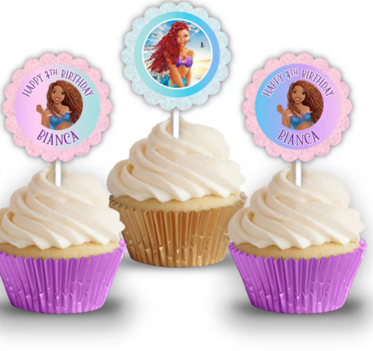 Little Mermaid Birthday Party, Personalized Cupcake Toppers, pack of 12, 2023 Live Action African American Ariel Movie