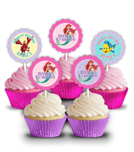 Little Mermaid Birthday Party, Personalized Cupcake Toppers, pack of 12, Original Animated Ariel Movie