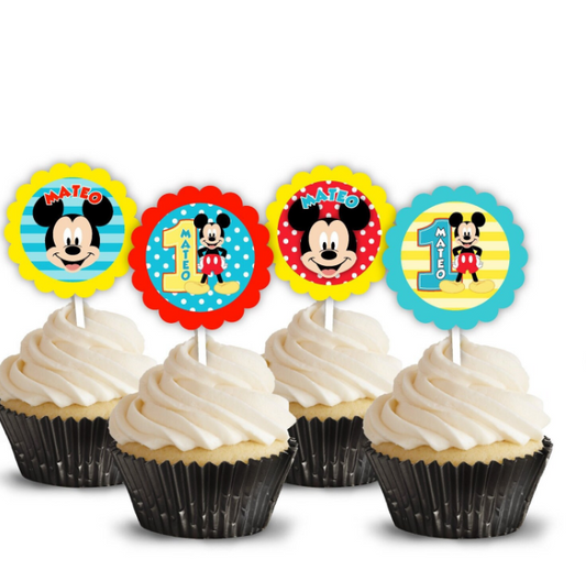 Mickey Mouse 1st First Birthday Party Turquoise Theme, Personalized Cupcake Toppers, pack of 12