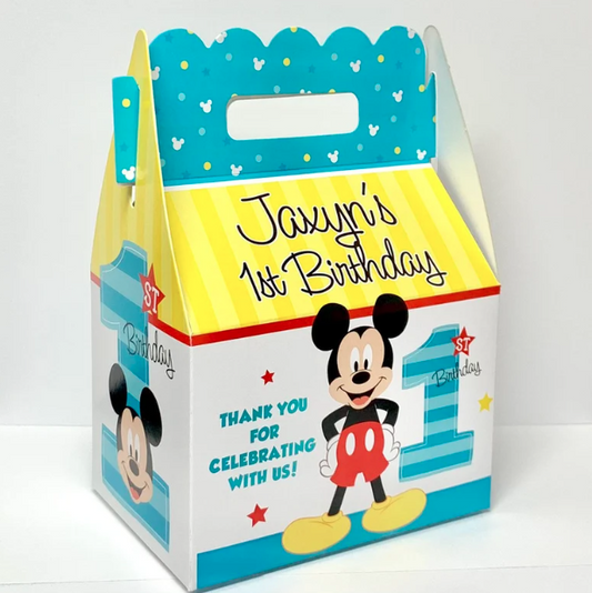 Mickey Mouse 1st First Birthday Party, Personalized Gable Favor Boxes turquoise teal, Pack of 8 boxes