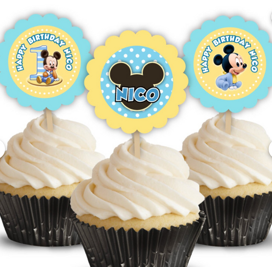 Mickey Mouse Baby First Birthday Party, Personalized Cupcake Toppers, pack of 12
