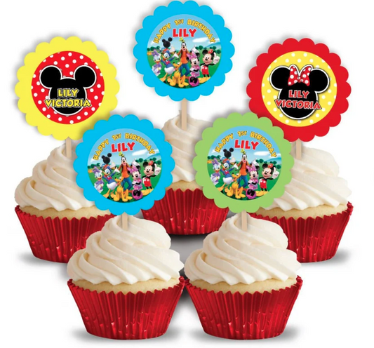 Mickey Mouse Birthday Party, Personalized Cupcake Toppers, pack of 12
