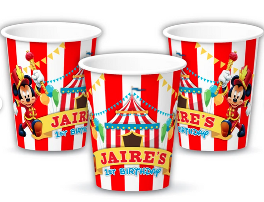 Mickey Mouse Circus Carnival Birthday Party, Personalized Party Cups, pack of 12