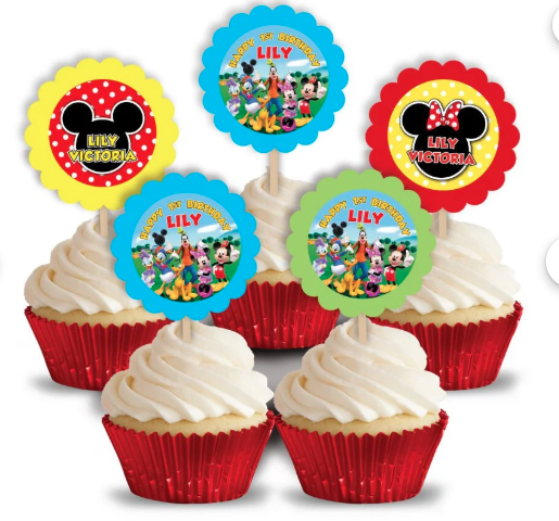 Mickey Mouse Clubhouse Birthday Party, Personalized Cupcake Toppers, pack of 12