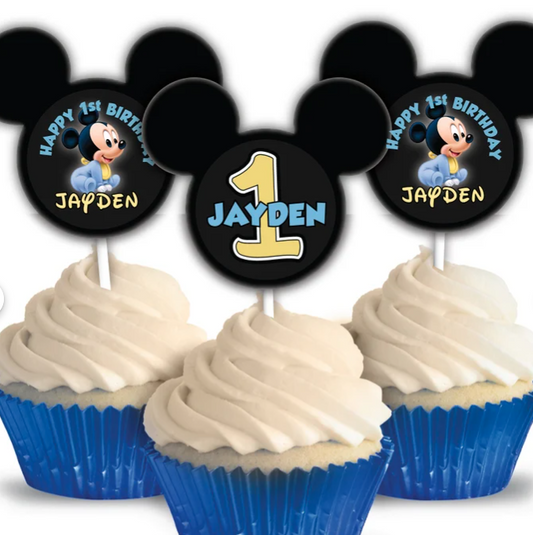 Mickey Mouse First Birthday Personalized Cupcake Toppers EARS, Two Sided pack of 12
