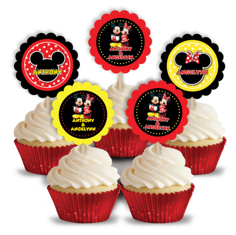 Mickey & Minnie Mouse Twins Birthday Party, Personalized Cupcake Toppers, pack of 12