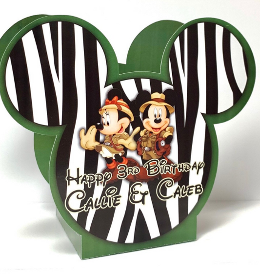 Mickey and Minnie Mouse Jungle Safari Twins Birthday Personalized Table Centerpiece SET of TWO