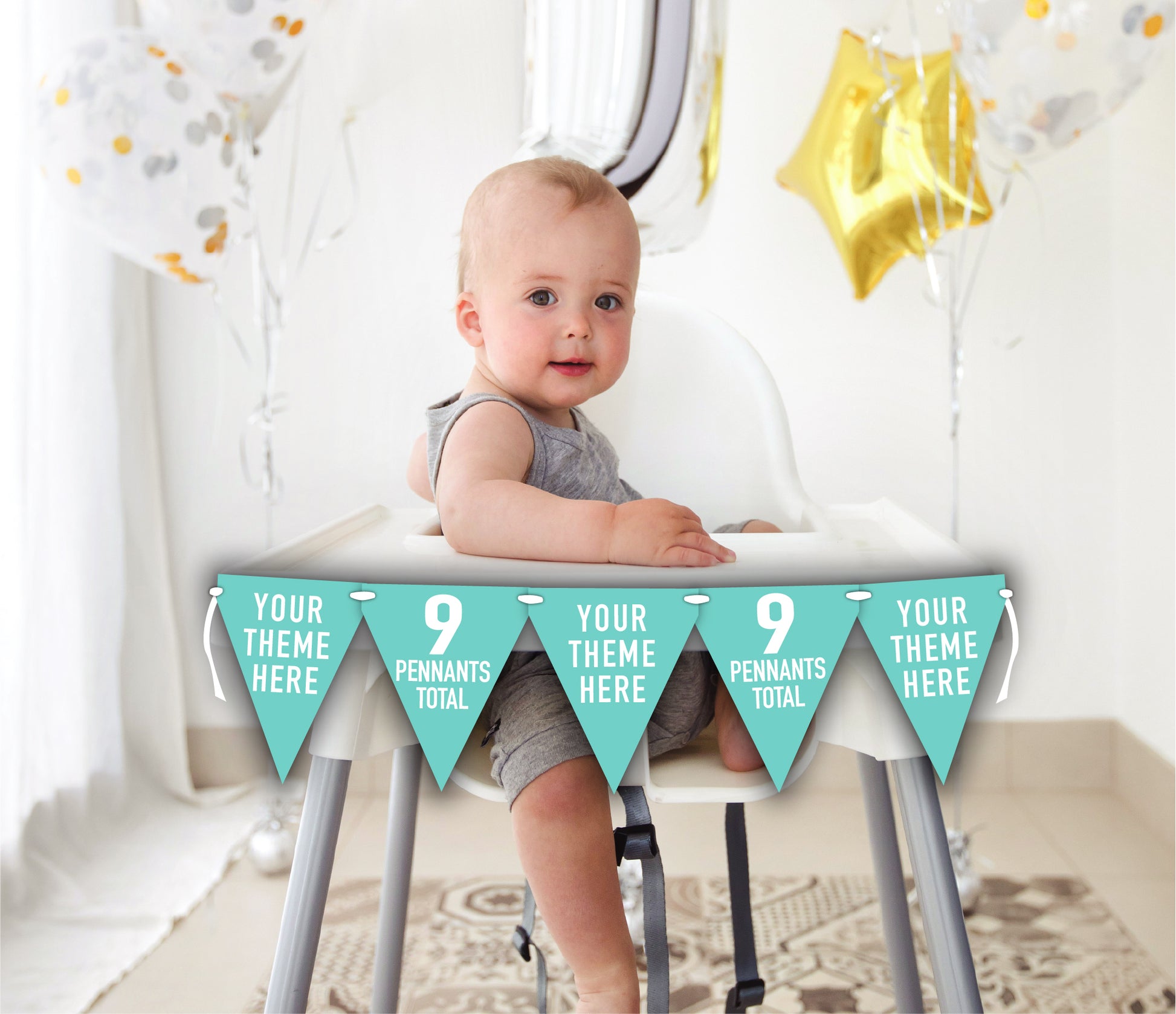 Personalized mini high chair banner with premium glossy cardstock pennants and coordinating ribbon. Custom birthday banner designed to match your party decorations for first birthdays, second birthdays, cake smash sessions and baby celebrations.