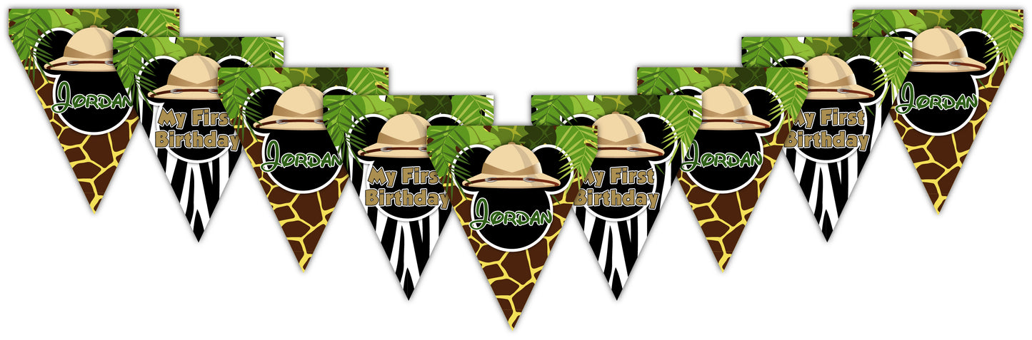 Personalized custom high chair banner for first and second birthday parties. Mini fabric ribbon banner with custom printed pennants personalized with your theme, name and age. Perfect for Bluey, Disney Princess, Cars, Moana, Paw Patrol, Cocomelon, Mickey Mouse, Frozen, Stitch, Toy Story, Barbie, Spider-Man, dinosaur, unicorn and safari birthday themes.