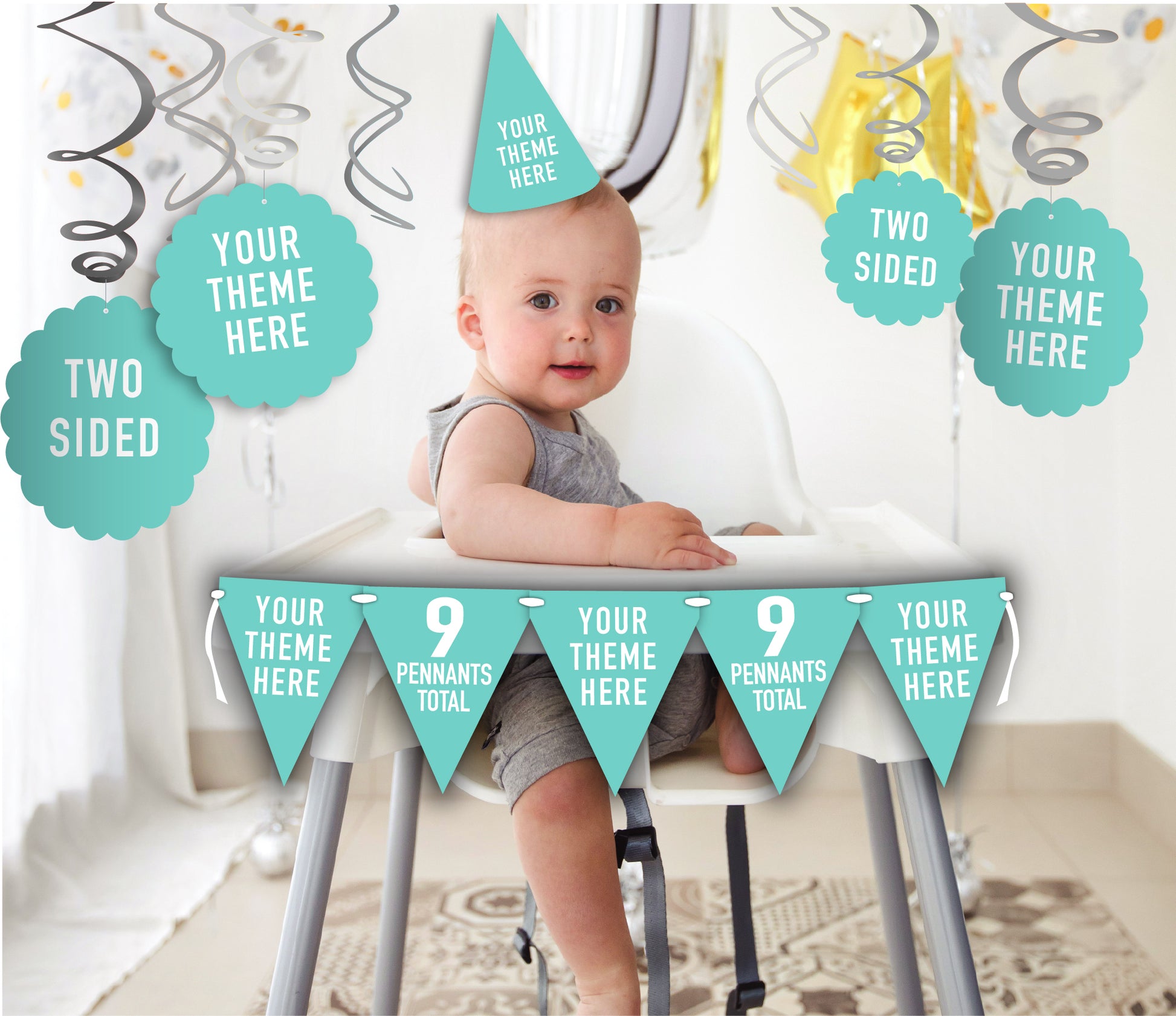 Personalized custom high chair banner for first and second birthday parties. Mini fabric ribbon banner with custom printed pennants personalized with your theme, name and age. Perfect for Bluey, Disney Princess, Cars, Moana, Paw Patrol, Cocomelon, Mickey Mouse, Frozen, Stitch, Toy Story, Barbie, Spider-Man, dinosaur, unicorn and safari birthday themes.