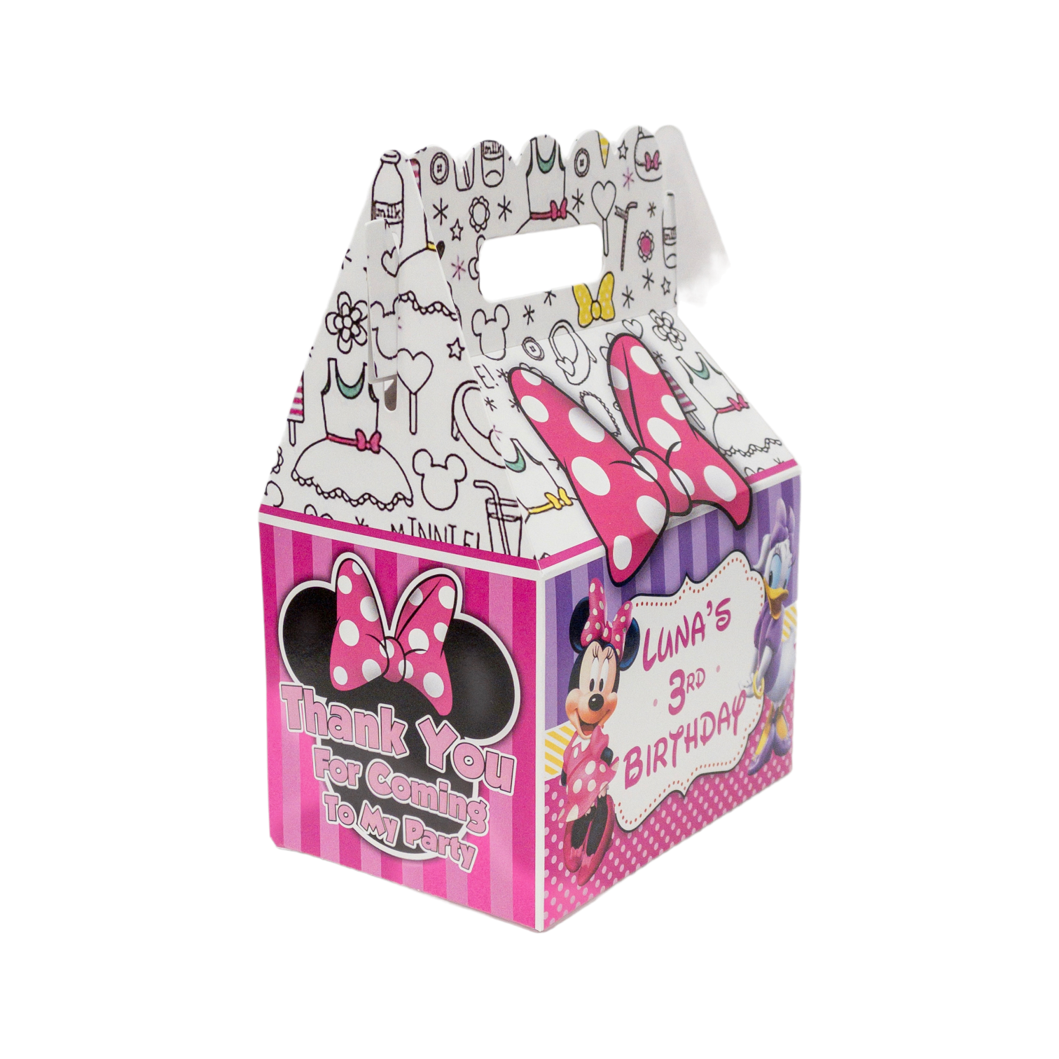 Minnie Mouse Happy Helpers Party Box, Party Favor, Minnie Mouse party, minnie & daisy party favor, pink and purple favor box, treat box, personalized favors, custom gable box, kids party box