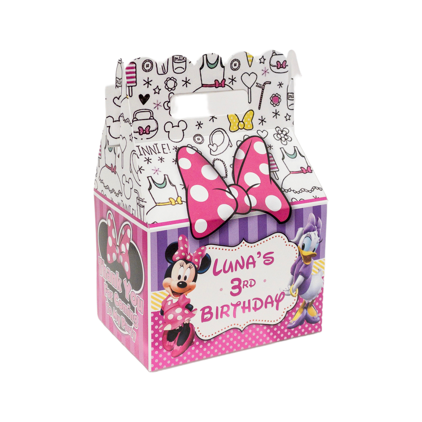 Minnie Mouse Happy Helpers Party Box, Party Favor, Minnie Mouse party, minnie & daisy party favor, pink and purple favor box, treat box, personalized favors, custom gable box, kids party box