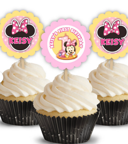 Minnie Mouse Baby First Birthday Party, Personalized Cupcake Toppers, pack of 12