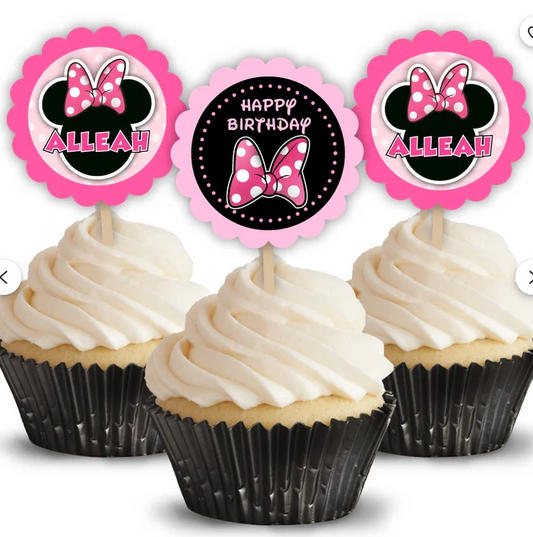 Minnie Mouse Birthday Party, Personalized Cupcake Toppers, pack of 12