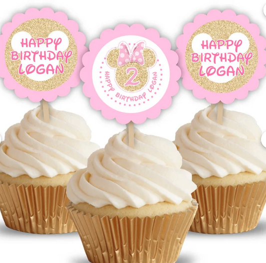 Minnie Mouse Gold Glitter Birthday Party, Personalized Cupcake Toppers, pack of 12