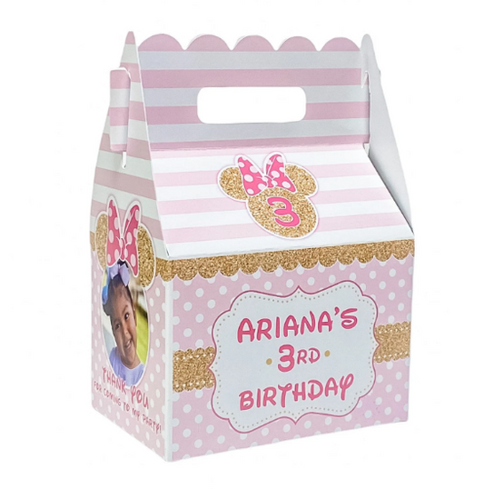 Minnie Mouse Gold Glitter Birthday Party, QTY 8 Personalized Gable Favor Boxes