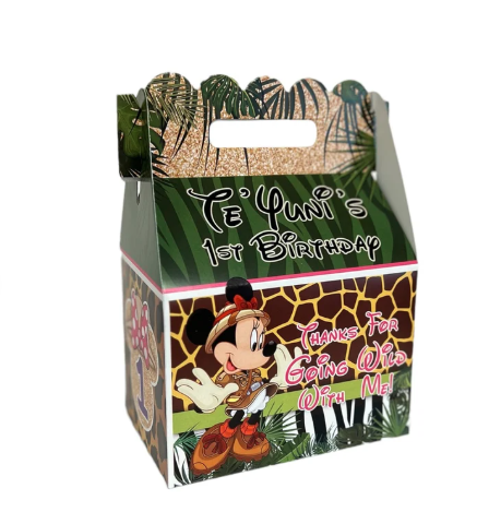 Minnie Mouse Jungle Safari GOLD Birthday Party, Personalized Gable Favor Boxes, pack of 8