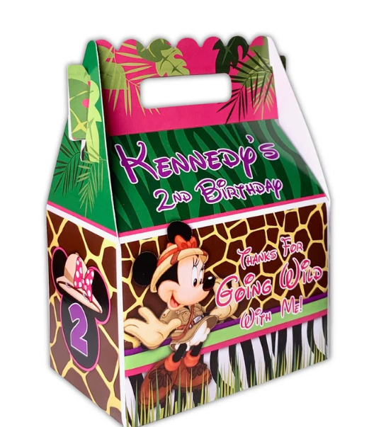 Minnie Mouse Jungle Safari PINK Birthday Party, Personalized Gable Favor Boxes, pack of 8