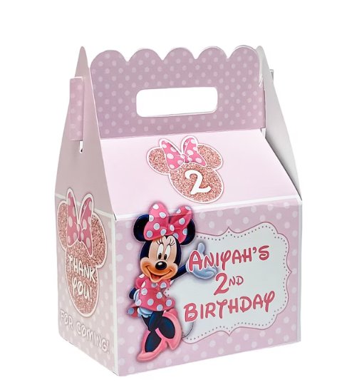 Minnie Mouse Pastel Pink and Rose Gold Birthday Party, Personalized Gable Favor Boxes, pack of 8