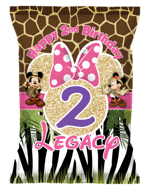 Minnie Mouse Safari Gold Glitter Custom Chip Bags, Snack Bags, Pouches, SET of 12