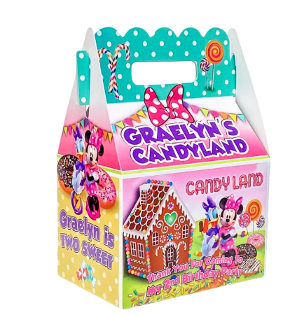 Minnie Mouse Sweet Candy Shop Daisy Duck Candyland, Two Sweet, Sweet One, Birthday Party, Personalized Gable Favor Boxes, pack of 8