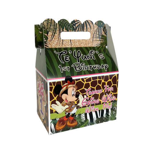 Mickey & Minnie Mouse Safari Jungle Birthday Party, QTY 8 Personalized Gable Favor Boxes