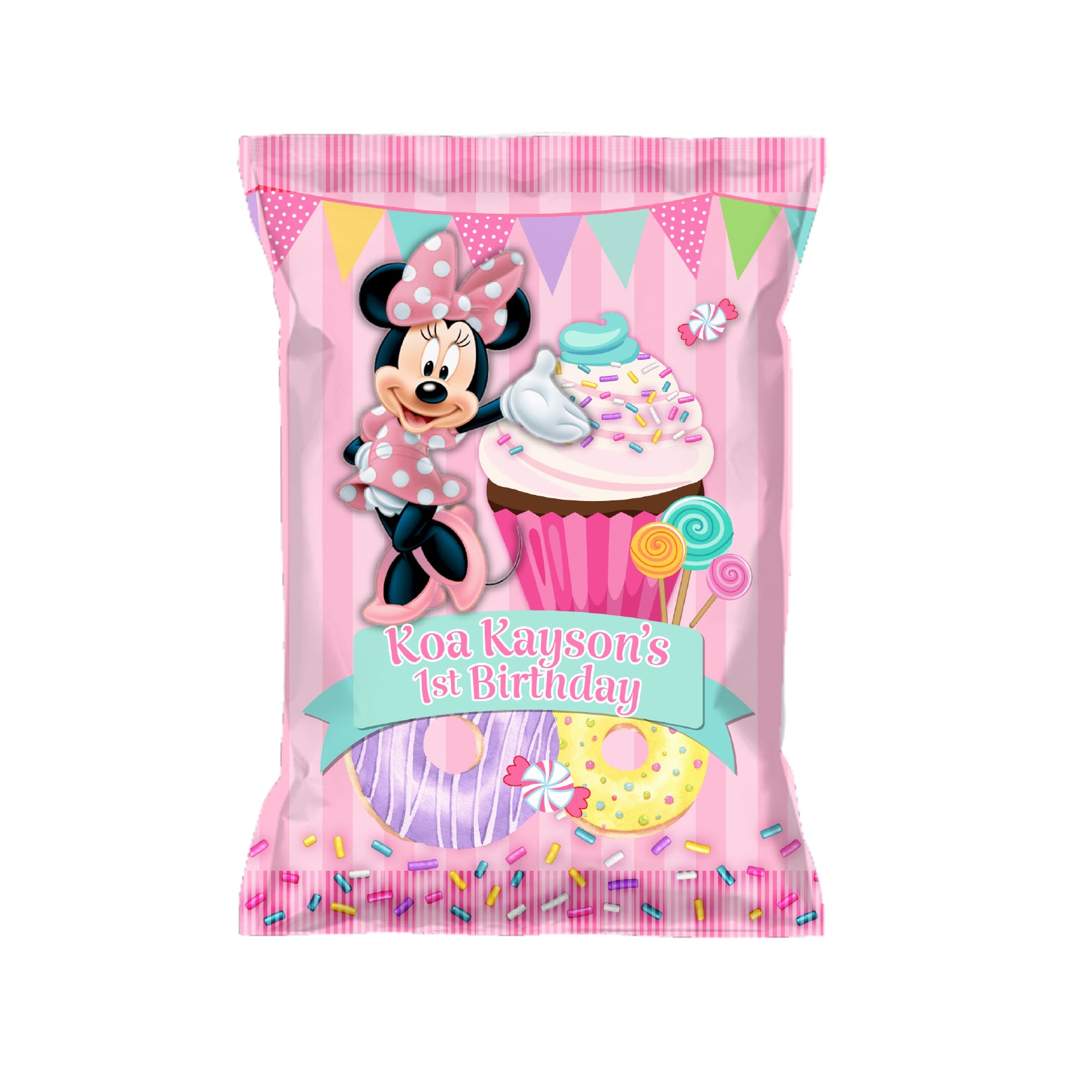 Minnie Mouse Candy Sweet Shop Personalized custom birthday chip bags sold in packs of 12. Professionally printed peel-and-seal chip bags fit most 1 oz snack bags and ship flat ready to fill. Custom party favors for Cars, Disney Princess, Moana, Bluey, Paw Patrol, Cocomelon, Mickey Mouse, Minnie Mouse, Frozen, Spider-Man, Barbie, Toy Story, Sonic, Stitch, Pokémon, Super Mario, construction, dinosaur, unicorn and other birthday themes.