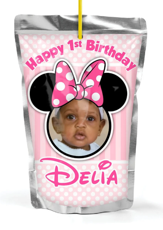 Minnie Mouse Pinky Dot Custom Capri Sun Juice Pouch Labels, SET of 12