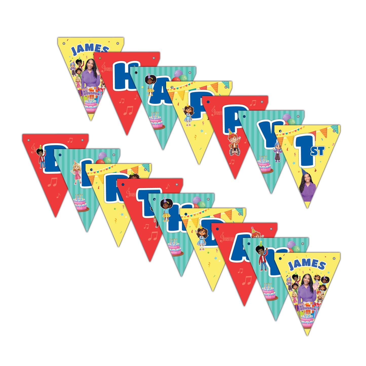 Colorful happy birthday banner personalized with your child's name and age, printed on our high quality sturdy card stock. Includes ribbon for stringing and decorating your party room at your Learning with Ms Houston Birthday Party.