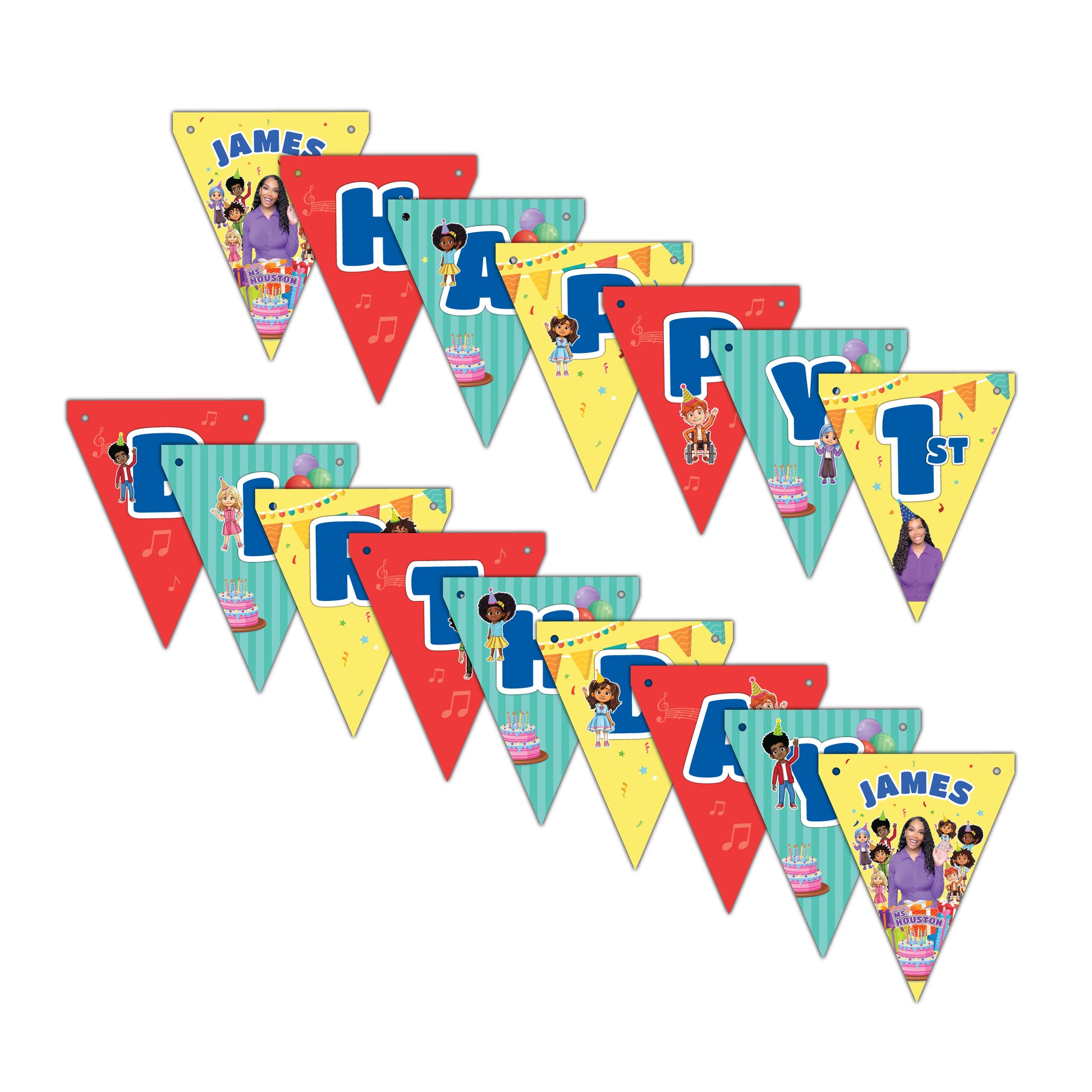 Colorful happy birthday banner personalized with your child's name and age, printed on our high quality sturdy card stock. Includes ribbon for stringing and decorating your party room at your Learning with Ms Houston Birthday Party.