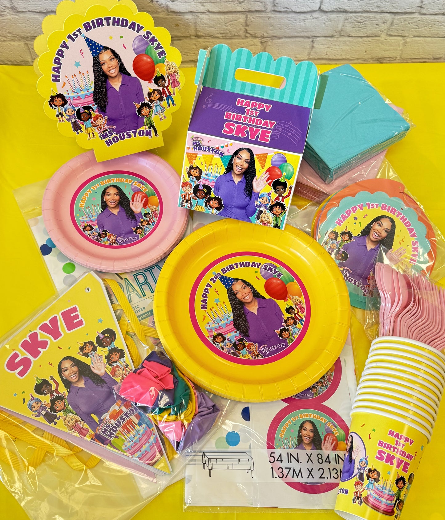Ms Houston Birthday Party supplies, personalized for your child in a Ultimate Party Pack includes all the basics plus next level personalized decorations for your birthday child. 
