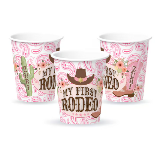 My First Rodeo, Pink Wild West, Cowboy Cowgirl, Western Party For Baby Girl's 1st Birthday Personalized Party Cups, 12 count