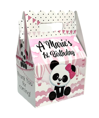 Panda Bear Pink Hot Air Balloon Birthday Personalized Qty 8 Gable Favor Goody Boxes