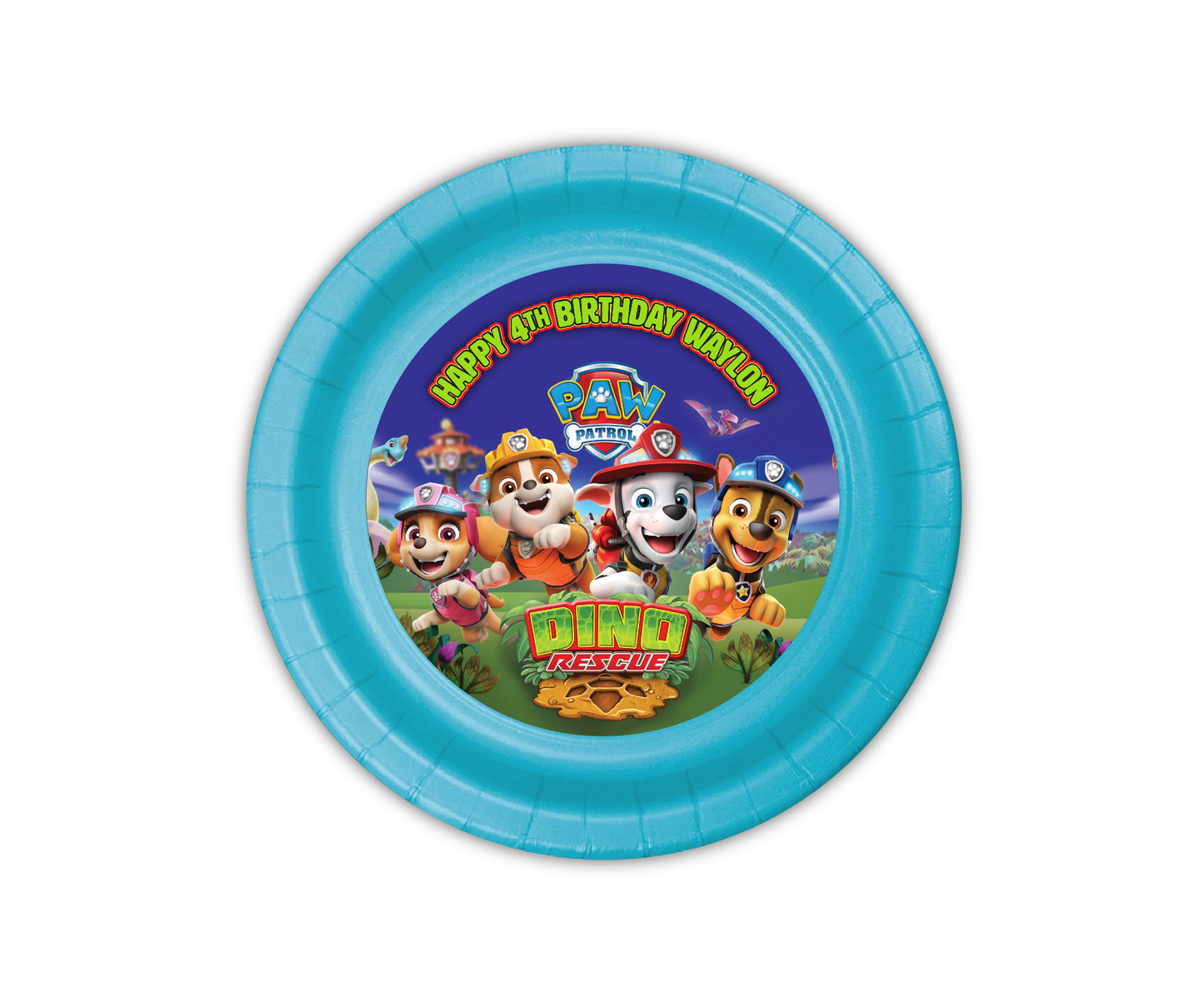 dino rescue paw patrol party, Custom 7" Cake & Snack Plates – Pack of 12
Our custom 7-inch party plates are the perfect size for serving cake and ice cream, snacks, appetizers, desserts, and other party treats. Each plate is personalized to coordinate with your celebration, creating a memorable and professionally styled party table.